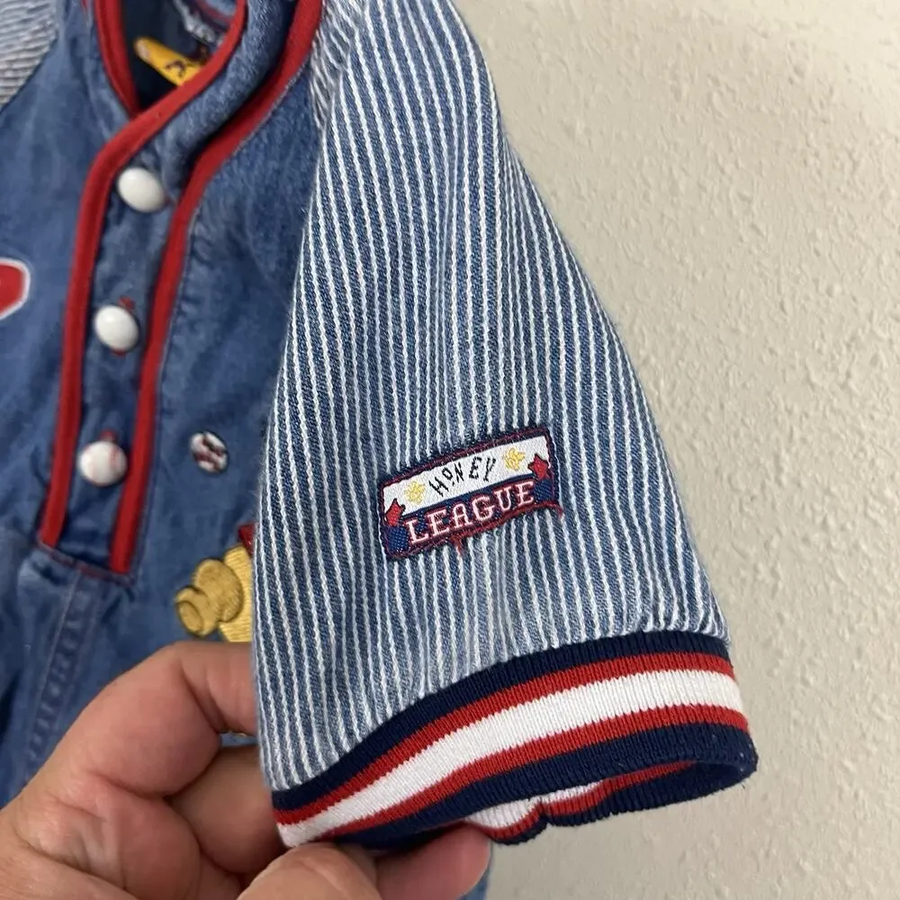 Vintage Y2K Disney Winnie the Pooh Denim Romper Baby 18M Baseball Shortall 2000